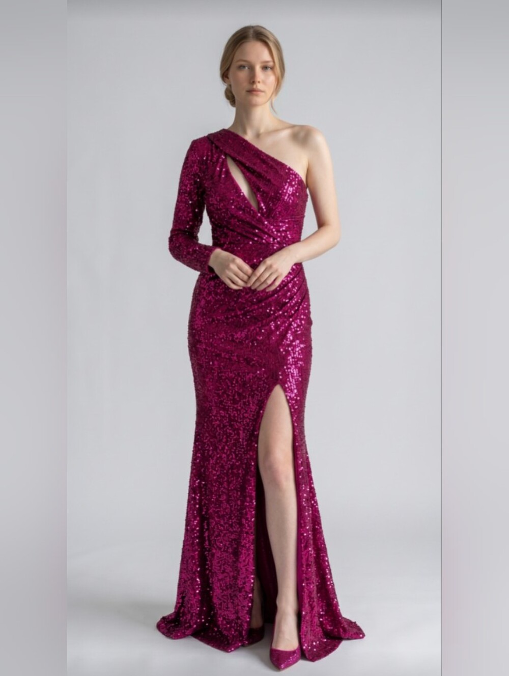 NWT! FASHION NOVA! DEEP FUSCHIA PINK/RED SEQUINNED STRETCH VELVET GOWN! 2X - Picture 14 of 14